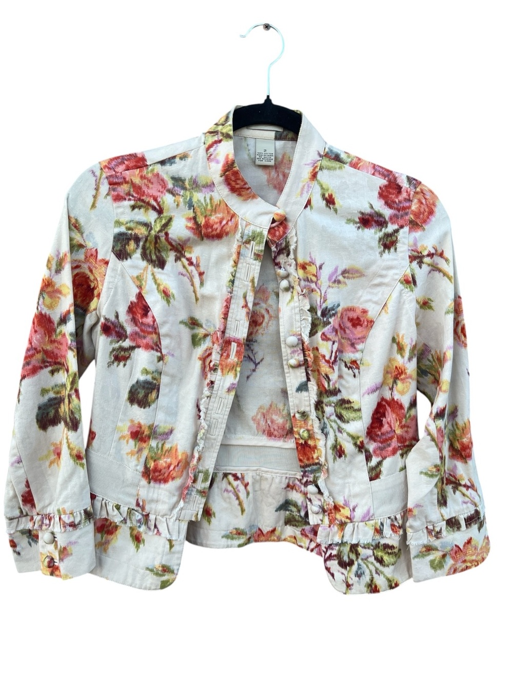 Elevenses Anthropologie Floral Cropped Jacket Ruffle Cotton Size 2 Coquette - Picture 2 of 5
